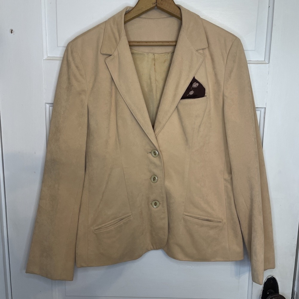 Single Breasted Three Button Blazer Women's Camel Luxe Soft Suede Like Size 12